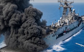 navy warship emitting smoke