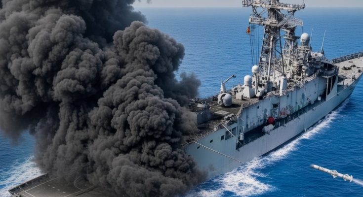 navy warship emitting smoke